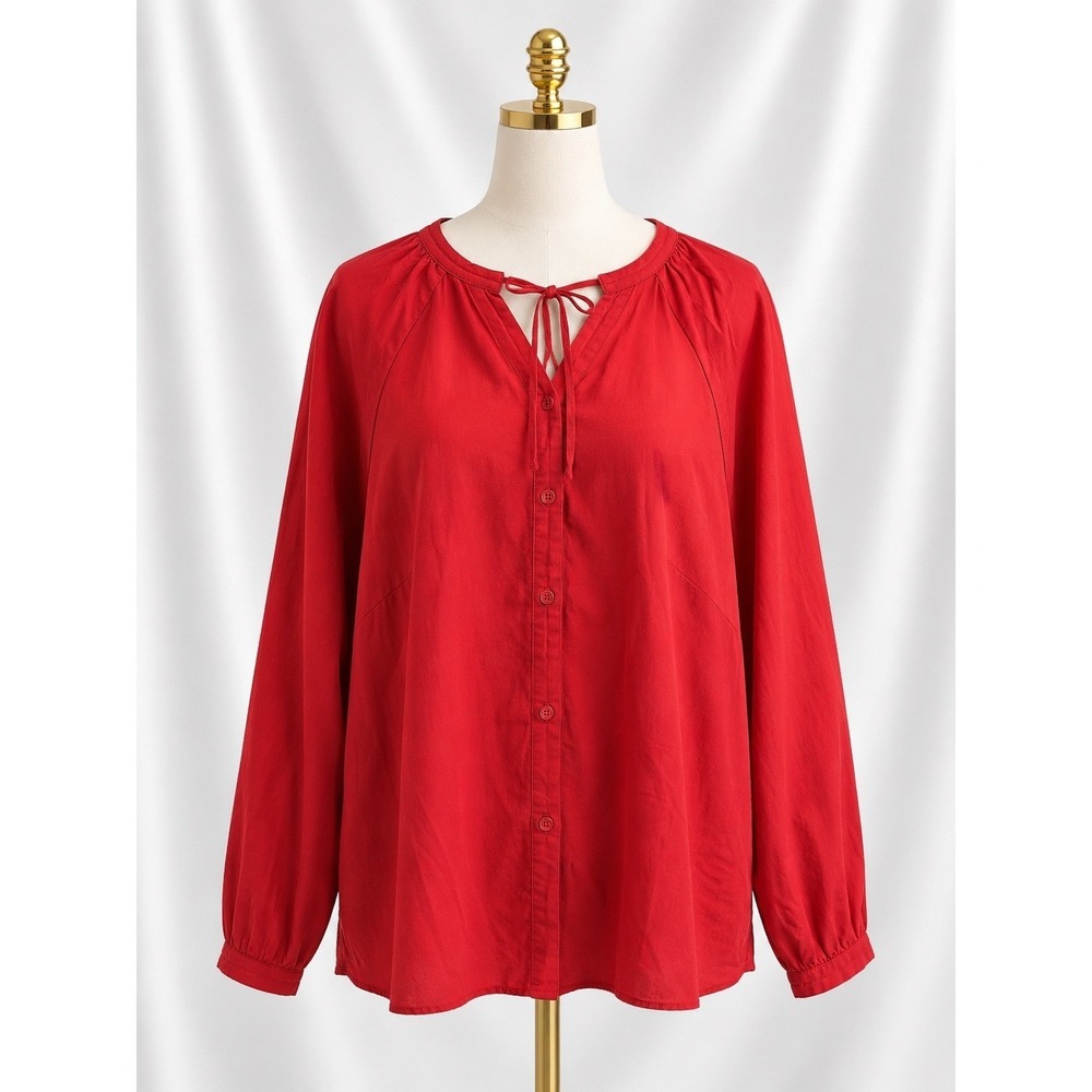 Belle‎ by Kim Gravel Tencel Blouson Sleeve Blouse XL Orange Tie Neck Button Down